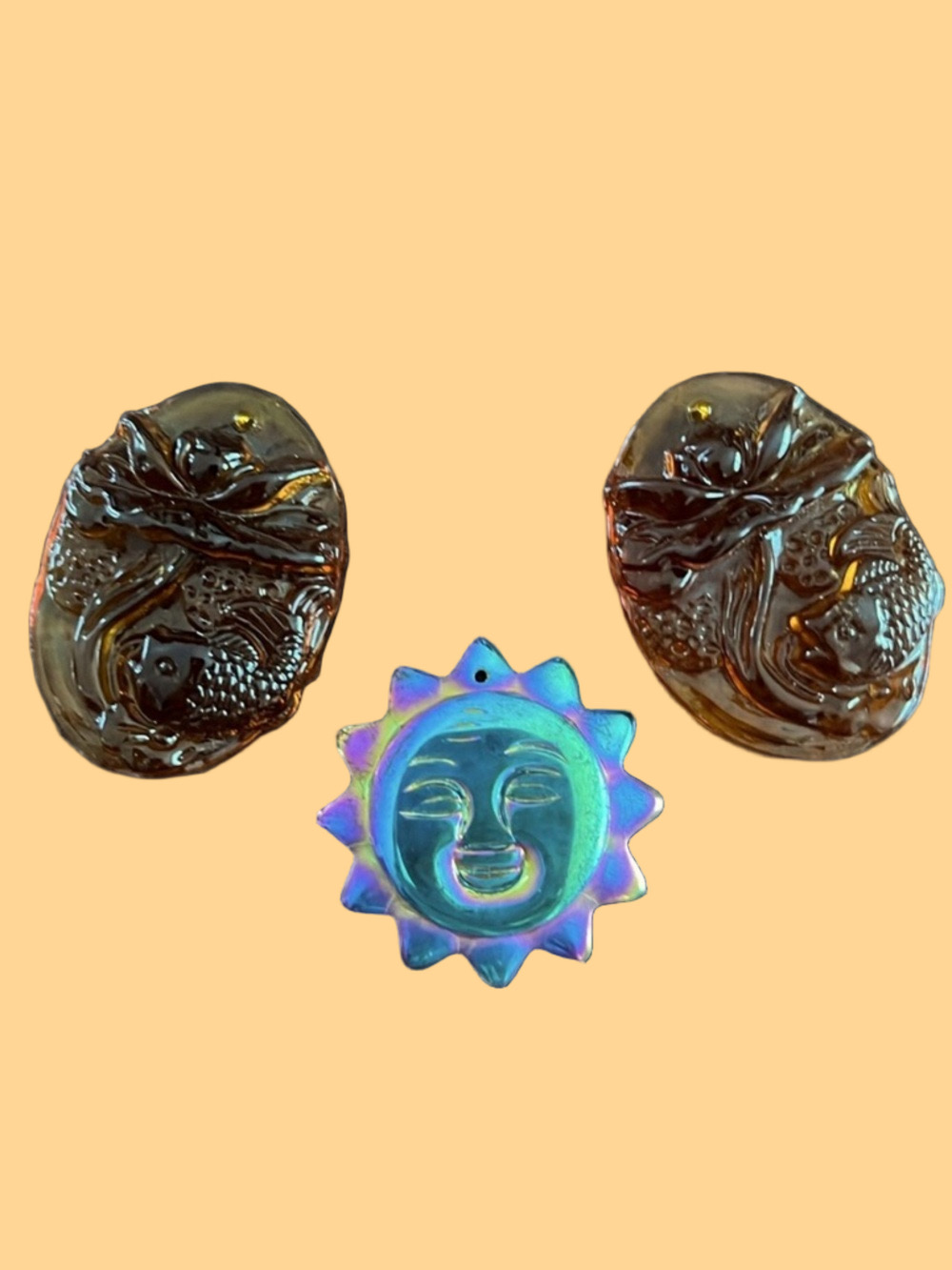 Bundle of 1 Carved Sun & 2 Carved Lotus Carp Beads / Pendants